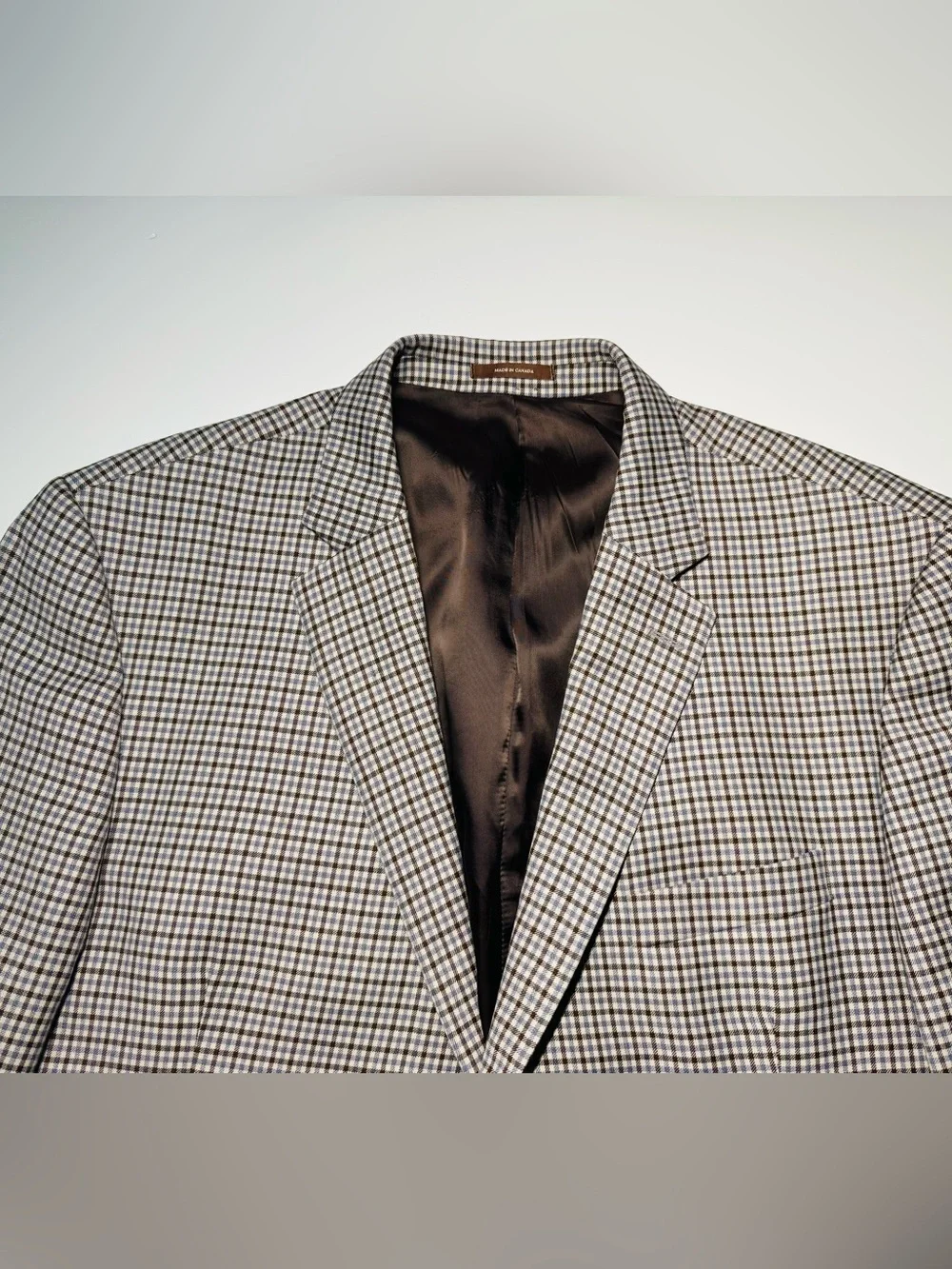 Peter Millar 46R Sport Coat Blazer 100% Wool Blue Brown Gingham Check Union Made